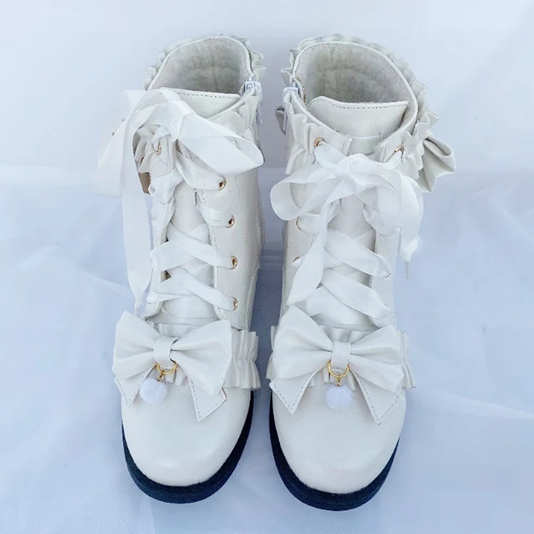 vintage round head lace ruffle bowknot kawaii shoes plush keep warm women shoes loli cosplay Winter sweet lolita shoes