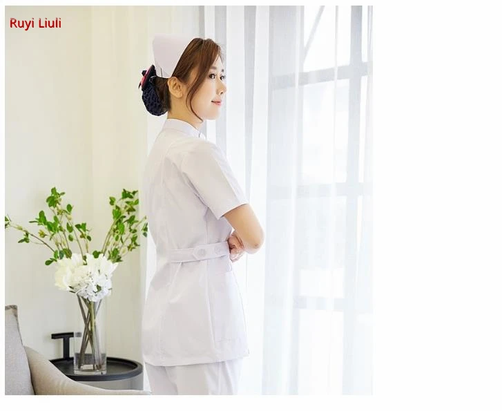 Nurses wear a white suit with long sleeves, short collar and short neck, doctor\'s white coat work clothes female