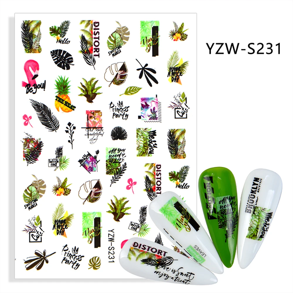 Green Large Leaves Nail Stickers Forest Adhesive Stickers New Leaf Adesivi Colorful Nail Decals Flamingo Nail Sticker Decorative