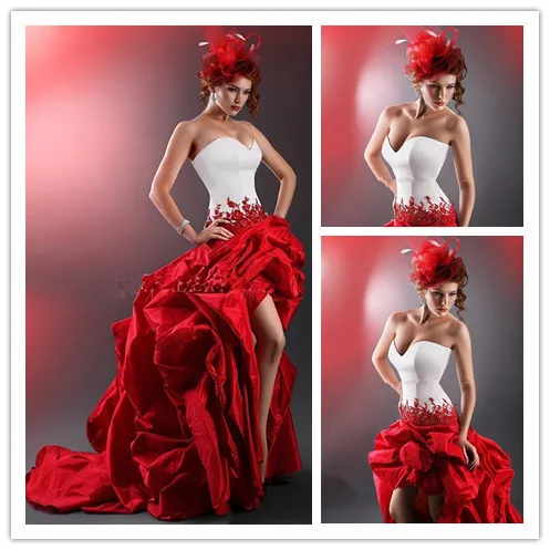 

drop shipping Fashionable White And Red Wedding Dress Strapless High Low Wedding Gowns Sexy Backless Wedding Dresses Custom Made