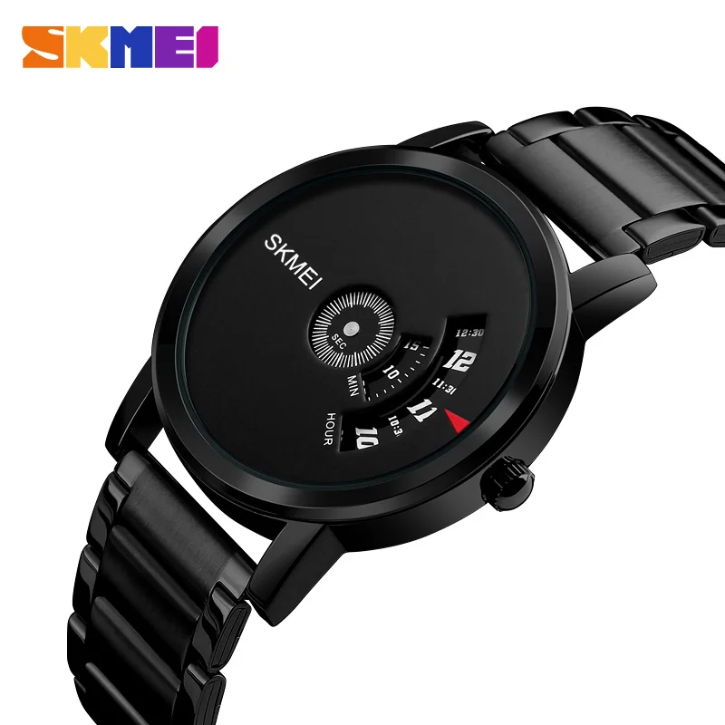 SKMEI Black Stainless Steel Watches for Men Creative No Pointer Dial Waterproof Quartz Wristwatch Fashion Business Men\'s Watch