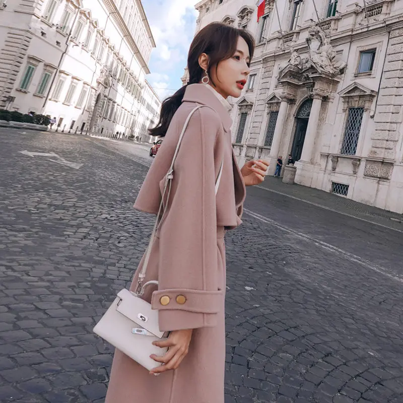 

Wool Coat Women's Windbreaker Pink Long Sleeve Chic Overcoat Female 2021 Autumn Winter New Long Jacket With Belt Casacos F2403