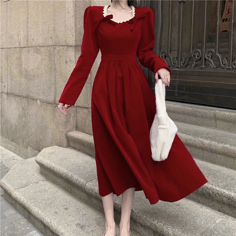 

Office Lady Full Sleeve Women Dress Winter French Korea Style Square Collar Dresses Red