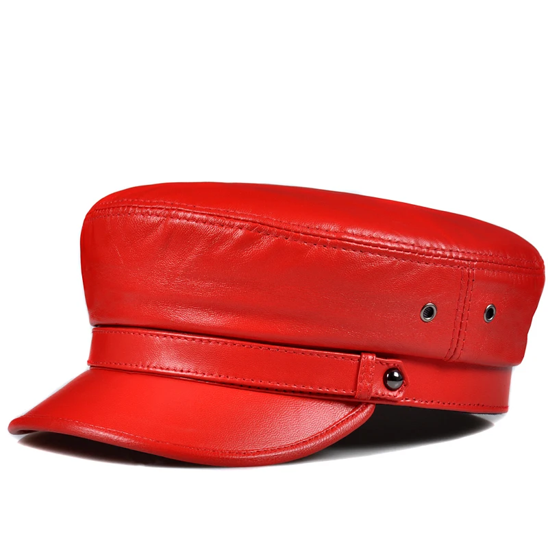 European/American Fashion Navy Hat Men Women Genuine Leather Red White Soft Lambskin Flat Top Military Caps Male Korean Boina