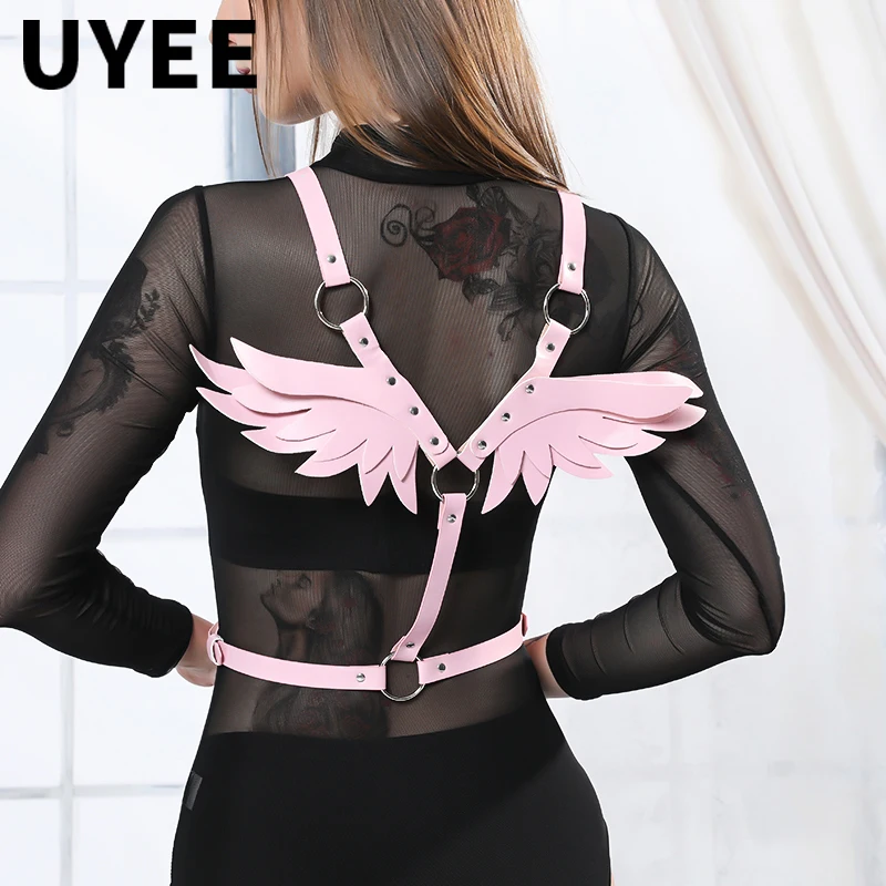 

UYEE Goth Punk Wings Leopard Print Sexy Leather Garter Belt Harajuk Body Bondage Adjust Tops Dance Club Rave for Womens Gril