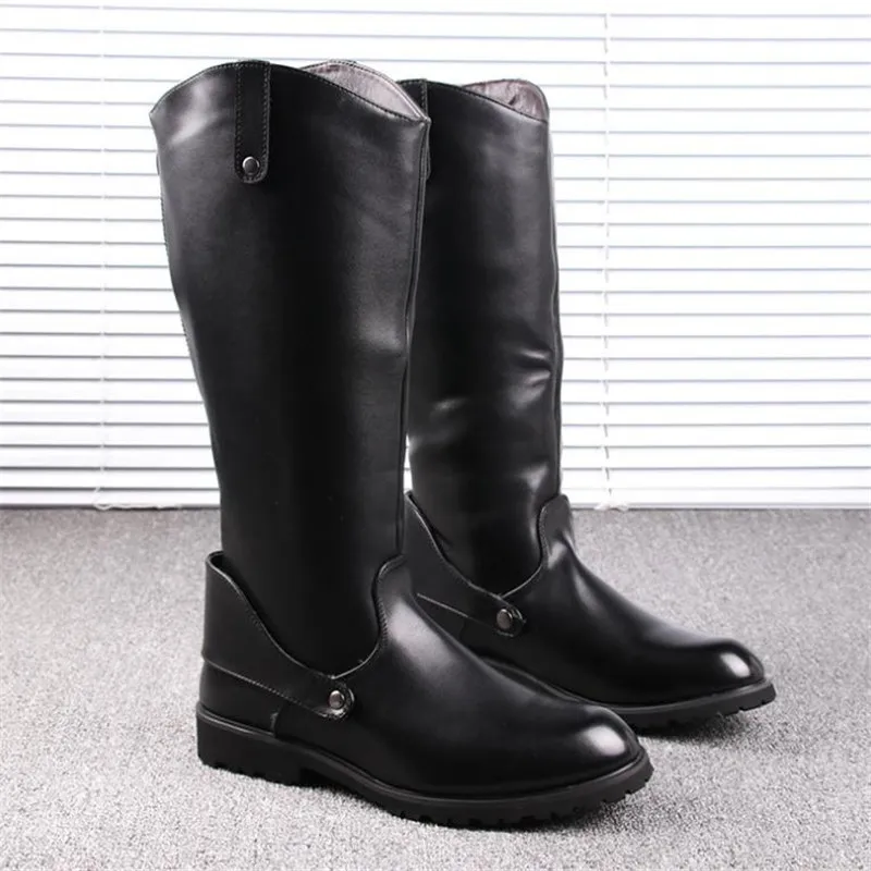 New Arrival Black Long Knee Boots Men Round Toe Buckle High Top Casual PU leather Shoes Man Motorcycle Boots Size 38--44