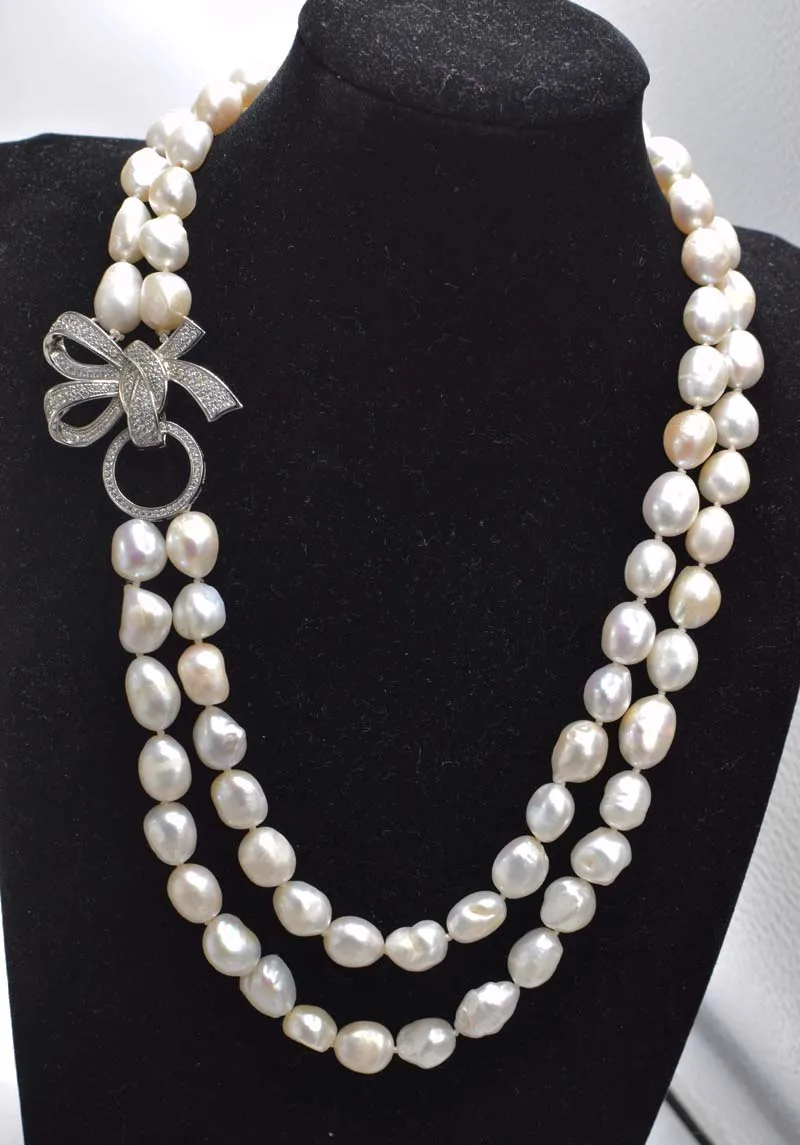 wholesale nature NEW 2rows freshwater pearl white irregular baroque 9-10mm necklace 22-24inch