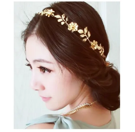 Women Flower Head band Fashion gold color Leaves Elastic Solid Printing Cute Bride Hair Band Wedding Party gift Jewelry A5048