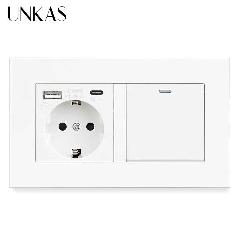 UNKAS Gold Type C Wall USB Port EU Standard 16A Power Socket 1 2 3 4 Gang 1 / 2 Way On / Off Push Button Plastic Panel Outlet