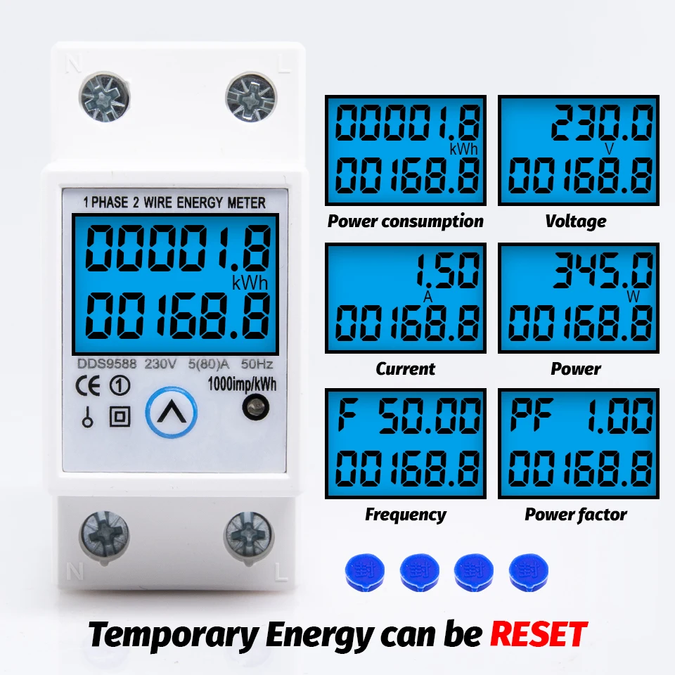مقياس الطاقة الرقمي AC 230V 5(80)A ، Din Rail KWH ، مقياس الجهد الحالي مع إضاءة خلفية مع وظيفة إعادة الضبط