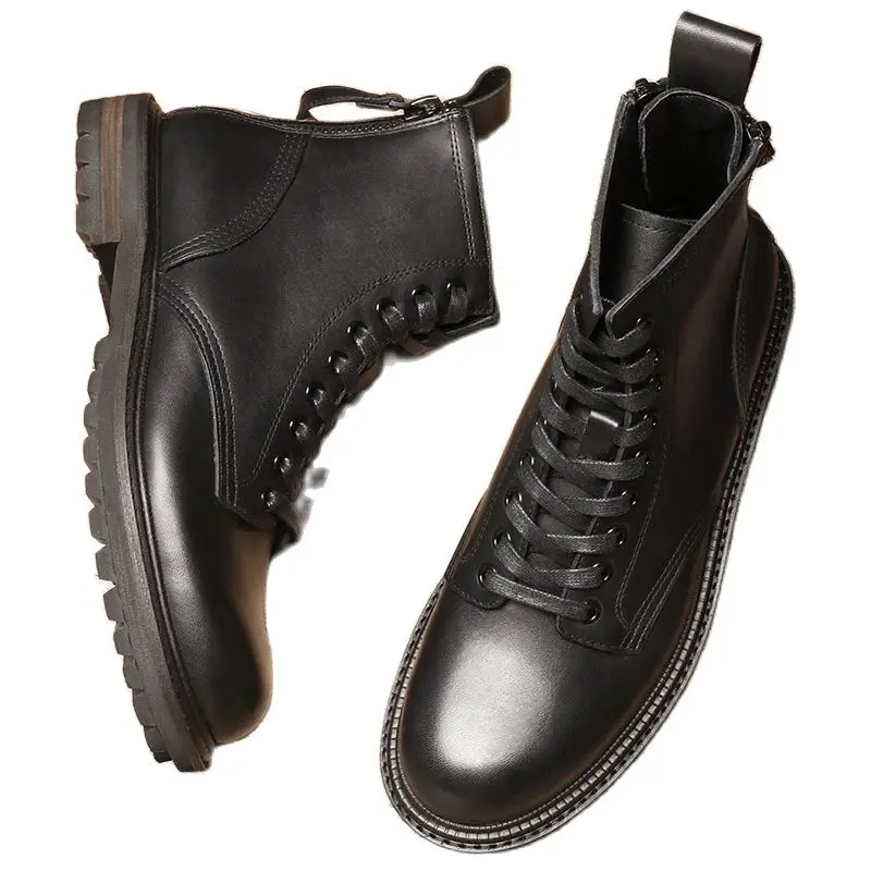 New men's Genuien Leather Ankle Boots Men Round Toe Laces Zipper Business Work Boots Brithsh Tredy High-Top Cowhide Boots