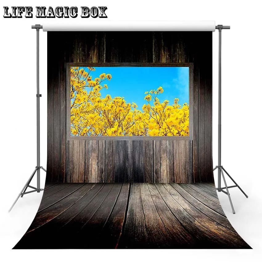 LIFE MAGIC BOX Autumn Wooden Window Yellow Flower Winter Background Trippy Backgrounds Gold Backdrop Floor-457