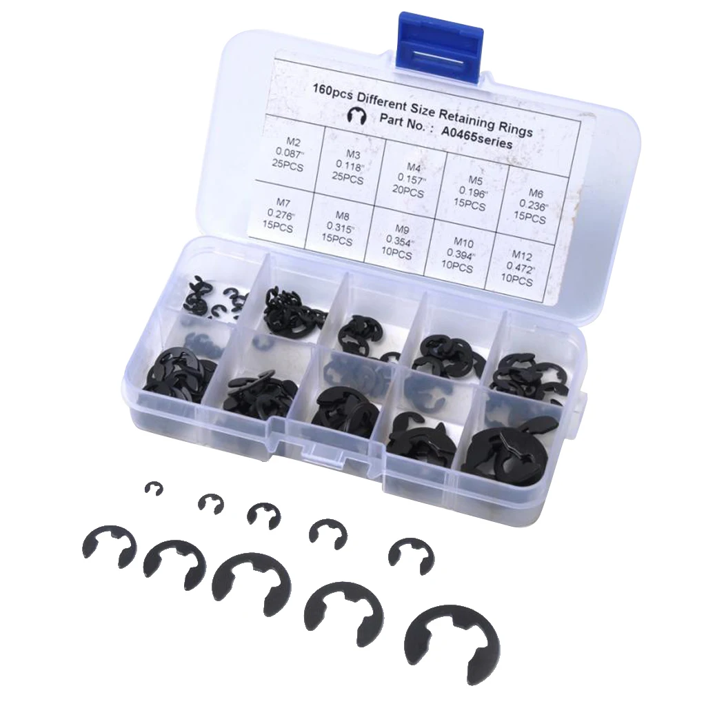 160Pcs  E-Clip Snap Rings 2-12mm Car Clip Seegering Assortment Kit Truck Car E-Clip Retaining Ring Snap Spring Clips With Box