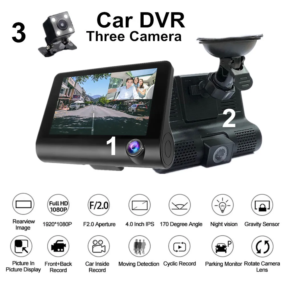 HD 1080P Dual Lens  Car DVR 3 Cameras 4.0 Inch With Rearview mirror Camera Video Recorder Auto Registrator G sensors Night Visor