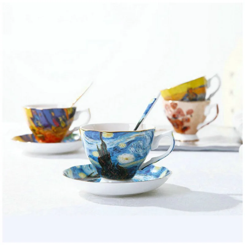 Van Gogh Art Oil Painting Coffee Cup Saucer Sets Artwork English Afternoon Tea Mug Bone China Teacup For Cafe Exquisite Gift Box