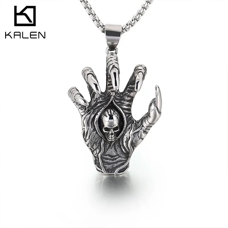

Kalen Retro Paw Skull Men's Pendant Punk Stainless Steel Gothic Domination Necklace Halloween Party Jewelry Gift Animal Charm