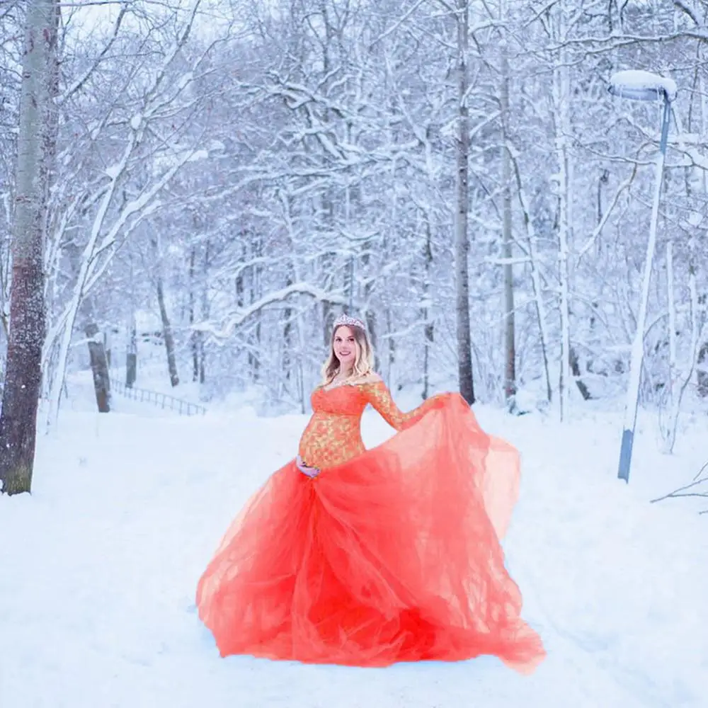 Vestido maxi de maternidade de renda, vestidos para sessão de fotos, manga longa, ombro de fora, roupas de gravidez + vestido de malha, mulheres grávidas, fotografia