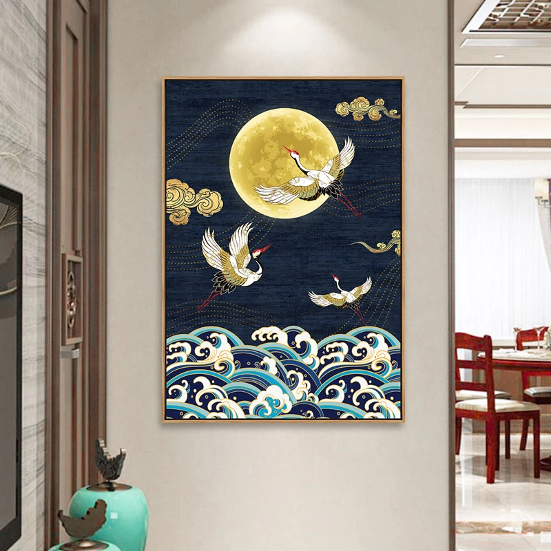 

EECAMAIL 5D DIY Diamond Painting Living Room Auspicious Clouds Crane Chinese Style Classical Pattern Diamond Embroidery No Frame