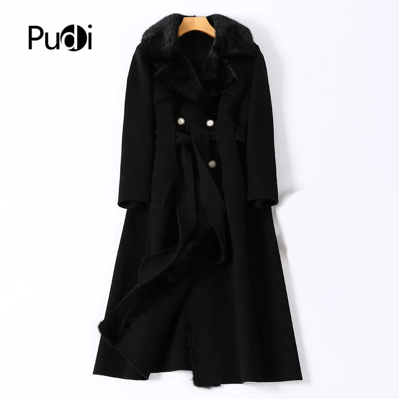 

Pudi Women Winter Real Fur Coat Jacket Mink Collar 2021 Ins Hot Lady Over Size Wool Blends Coats Parka Trench Z20168