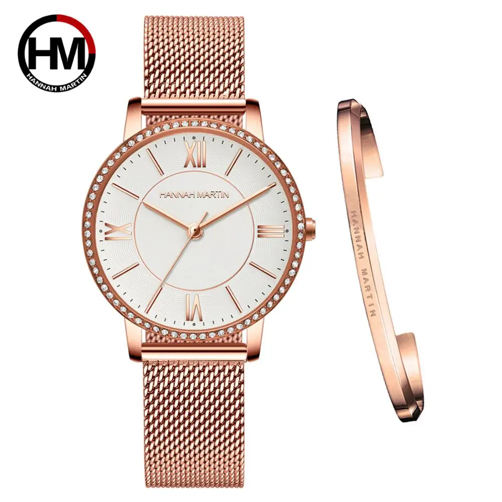 Japan Quartz Movement High Quality Ultra-thin hannah Martin Women Stainless Steel Mesh Waterproof Ladies Watch Dropshipping