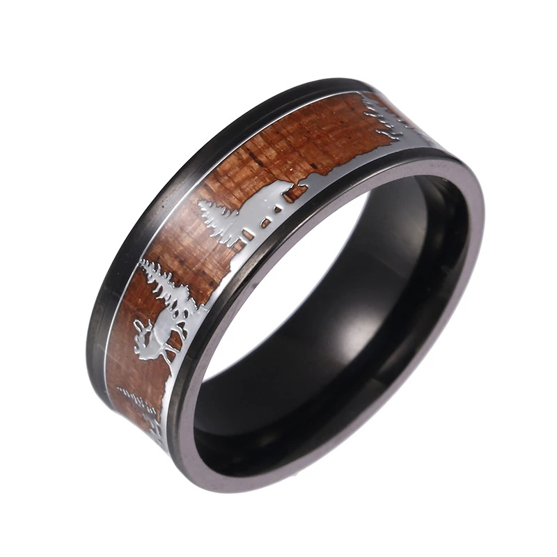 Men's Ring Black Tungsten Carbide Hunting Ring Wooden Wedding Ring 316L Inlaid Wooden Ornament Deer Circle Christmas Gift