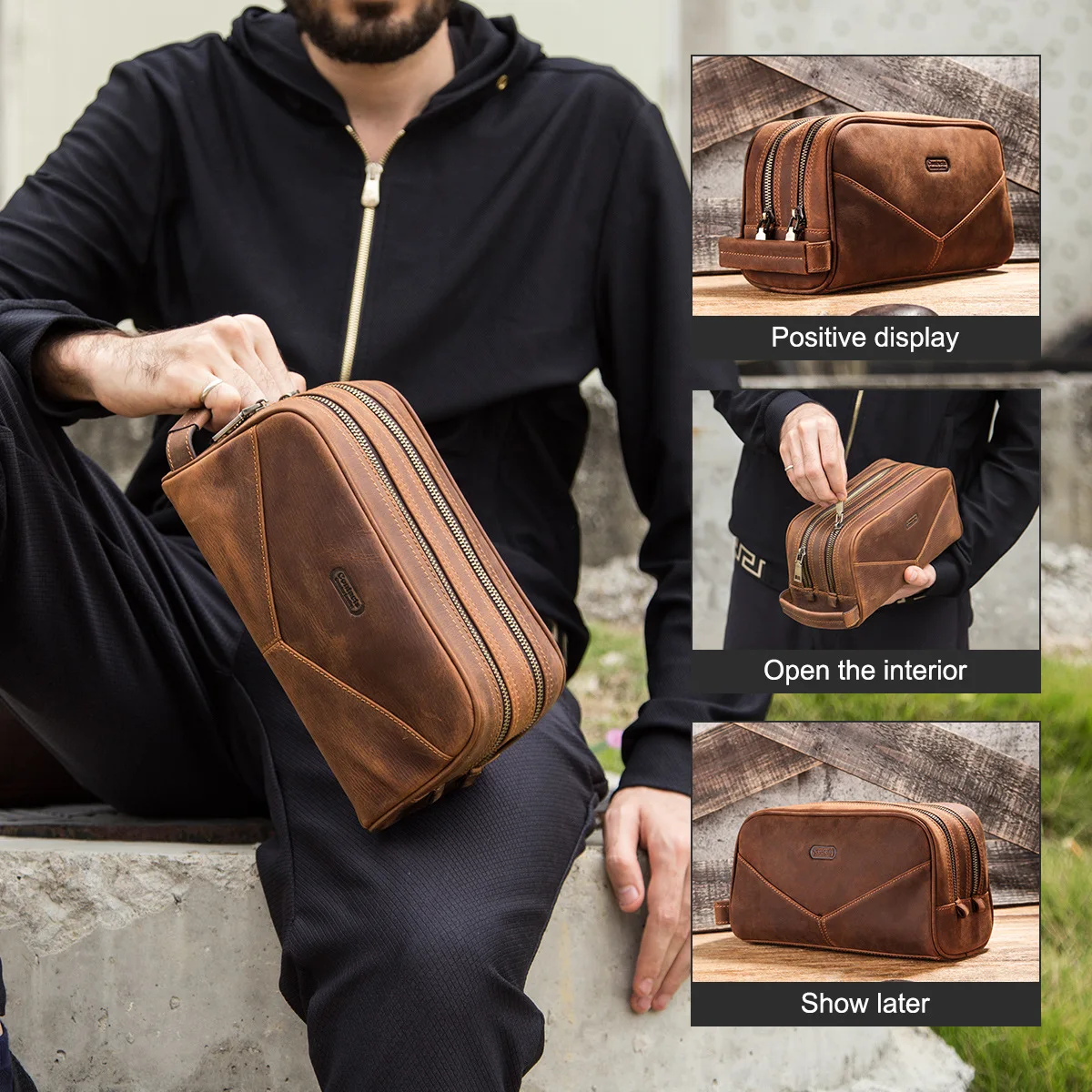 genuine leather cosmetic bag for men vintage crazy horse leather man make up bags small travel bags male toiletry bag