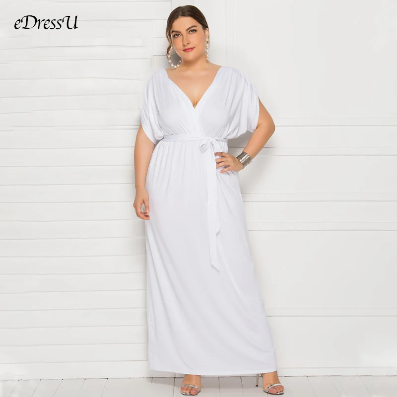 

eDressU Long Plus Size Evening Party Dress V Neck Stretchy White Vestido Robe de Soiree Wedding Guest Dress LMT-FP3310