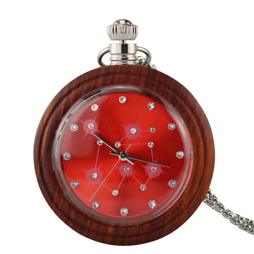 Vintage Red Sandalwood Watch Quartz Pocket Watch Open Face Necklace Pendant Chain Lightweight Fob Clock Best Gifts for Men Women