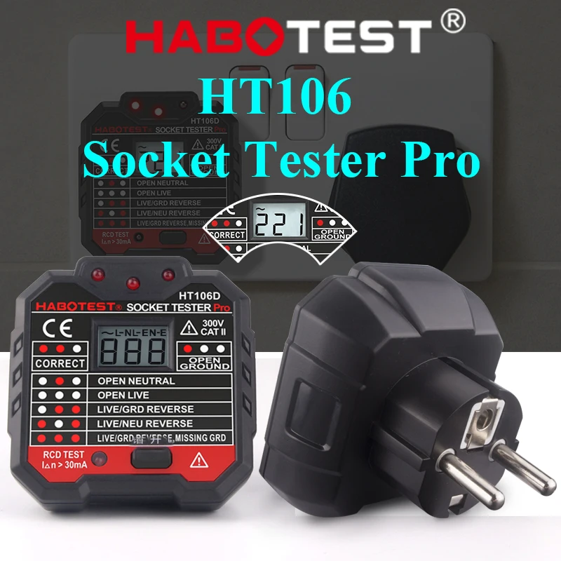 Habotest HT107 Socket Tester Pro Voltage Test RCD 30mA Socket Detector UK EU Plug Ground Zero Line Plug Polarity Phase Check