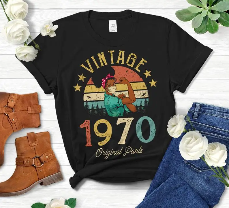 

Vintage 1970 51st birthday gift original partsT-shirt wearing masked African American housewife girl mom wife daughter100%cotton