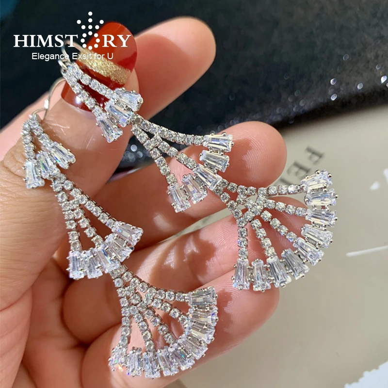 

Himstory Indian Jewelry Luxury European Fan Shape Cubic Zircon Earrings Wedding Bridal Earrings Classic Long Earrings