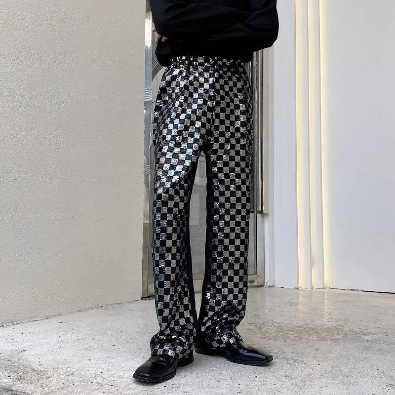 IEFB Men\'s Niche Black And White Checkered Sequin Patchwork Men\'s Long Pants Straight Wide Leg Design Chic Trousers Korean Y9982