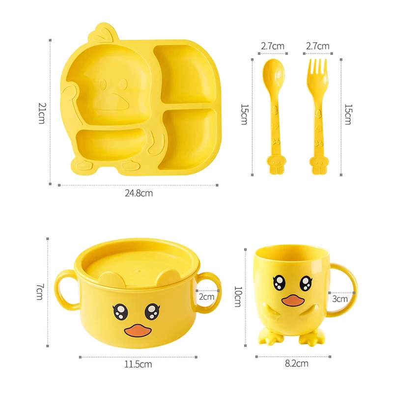 Imebaby children\'s tableware five-piece baby feeding plate set cute little yellow duck fork spoon rice spoon kid gift