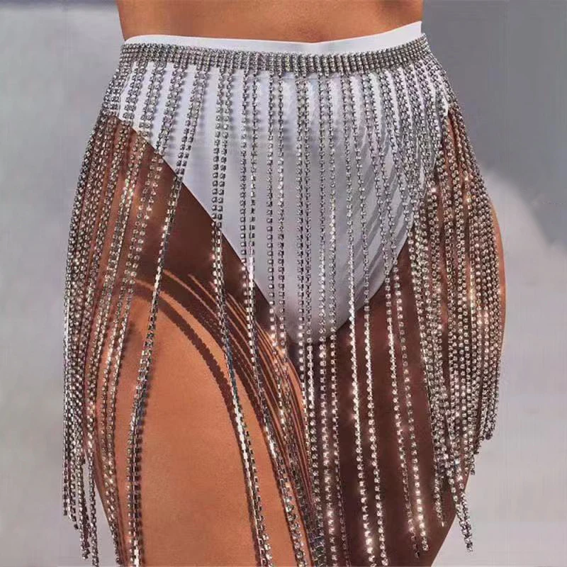 

Super Sexy Women Full Rhinestone Dress Like Belts Shine Silver Crystal Fringe Waist Chain Hide Any Big Butt or Hips