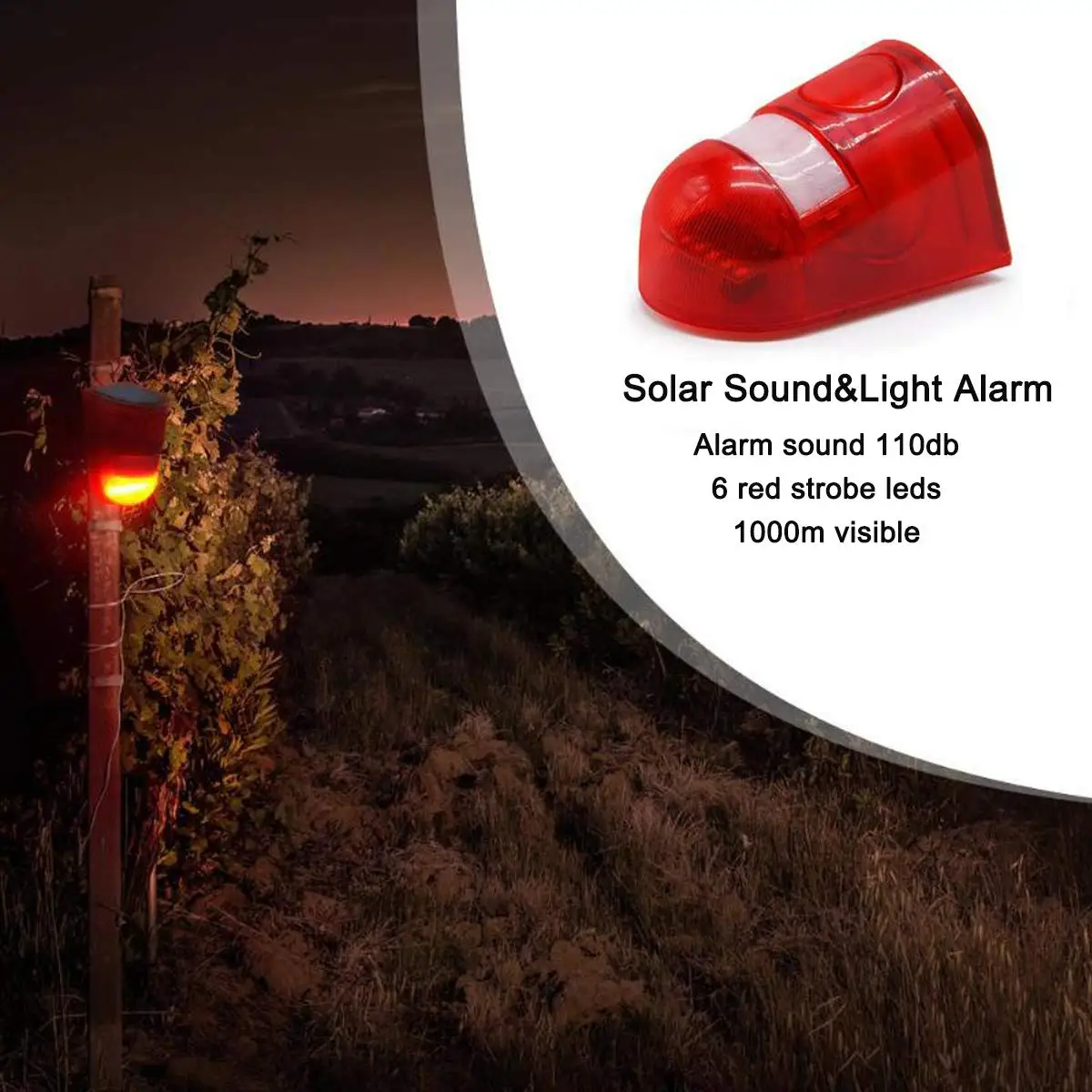Alarma Solar de sonido y luz con Sensor de movimiento de 110 decibelios, sistema de alarma de seguridad estroboscópico con 6 luces Led parpadeantes