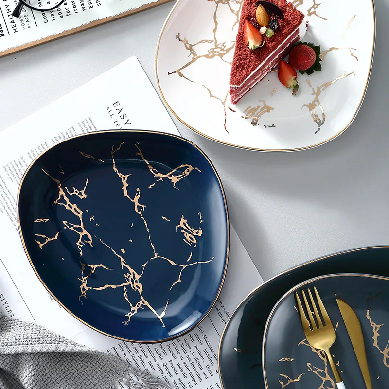 

Nordic Dinner Irregular Plates Ins Gold Inlay Dinner Dish Marble Steak Plates Ceramic Dishes Tray Dinnerware Sets Drop Shipping