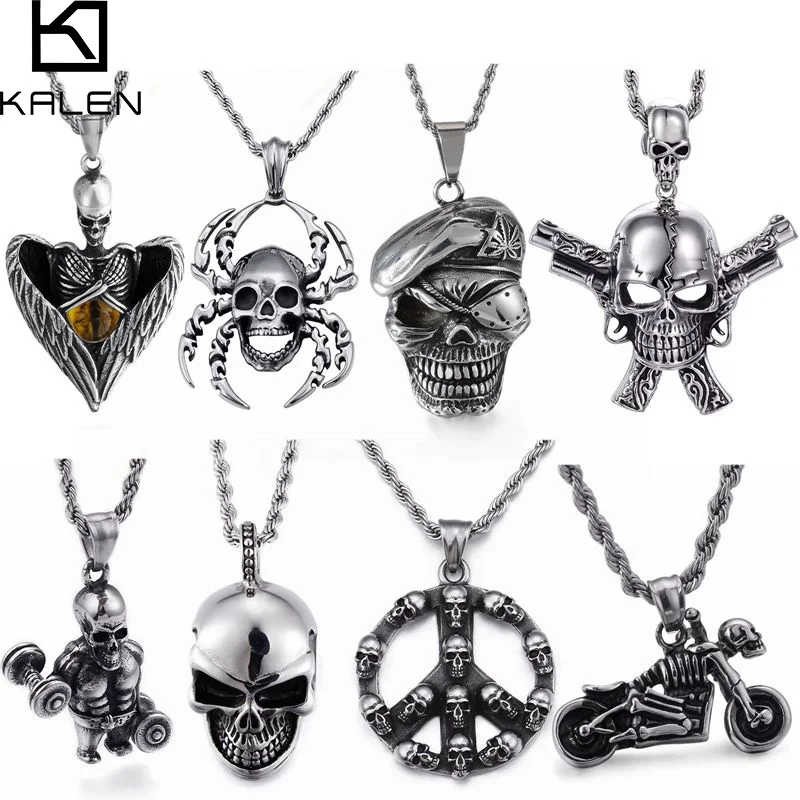 

KALEN Stainless Steel Punk Skull Pendant Necklace Men Viking Skeleton Charm Twisted Long Chain Choker Gothic Jewellry