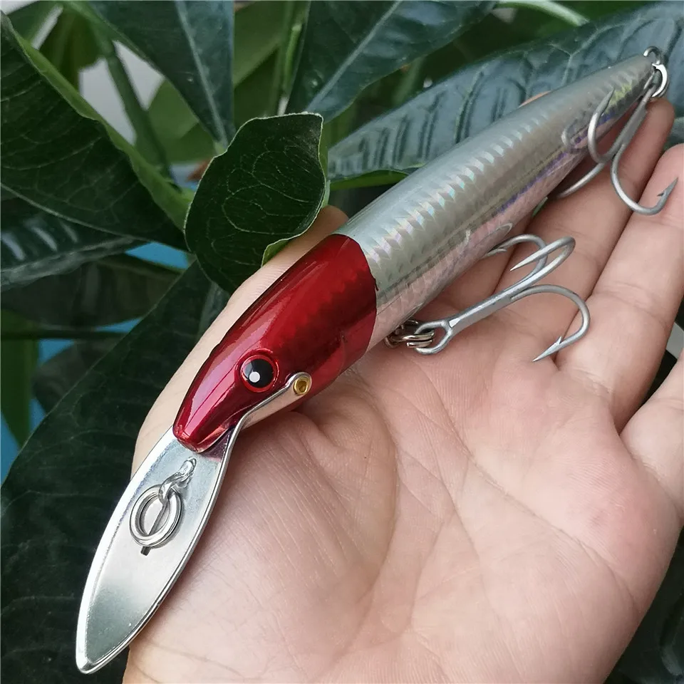 SWOLFY  Metal tongue minnow fishing lure 32.5g/130mm big minnow Trolling Tuna Fishing Lures 3D eys Artificial Baits