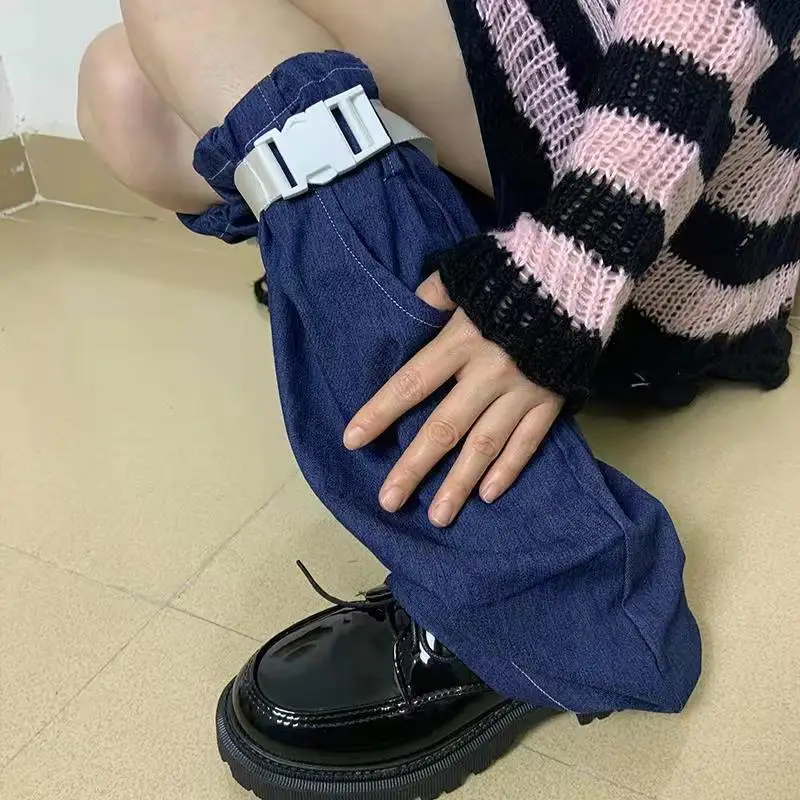 Lady Jk Student Punk Gothic Pocket Adjustable Plastic Buck Belt Blue Hip-hop Sock Women Denim Cool Hipster Leg Warmer 2023 Rock