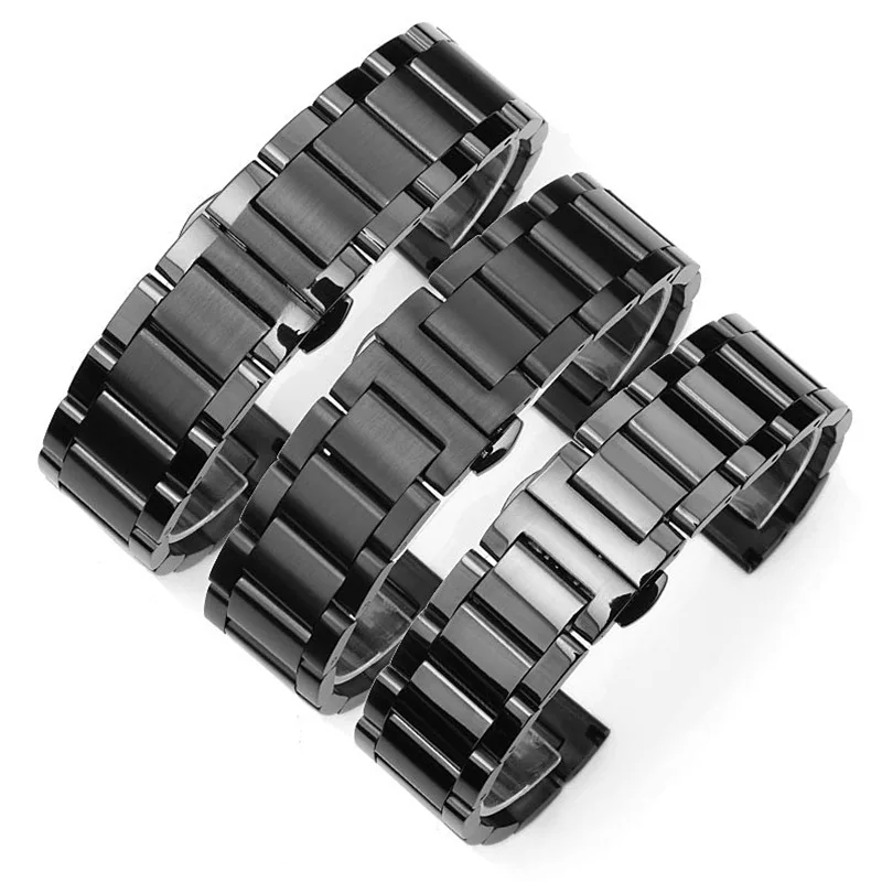 316L Stainless Steel Watch Bracelet Black Center Polished 20mm 22mm 18mm 24mm 26mm Butterfly Buckle Wristwatch Accessories