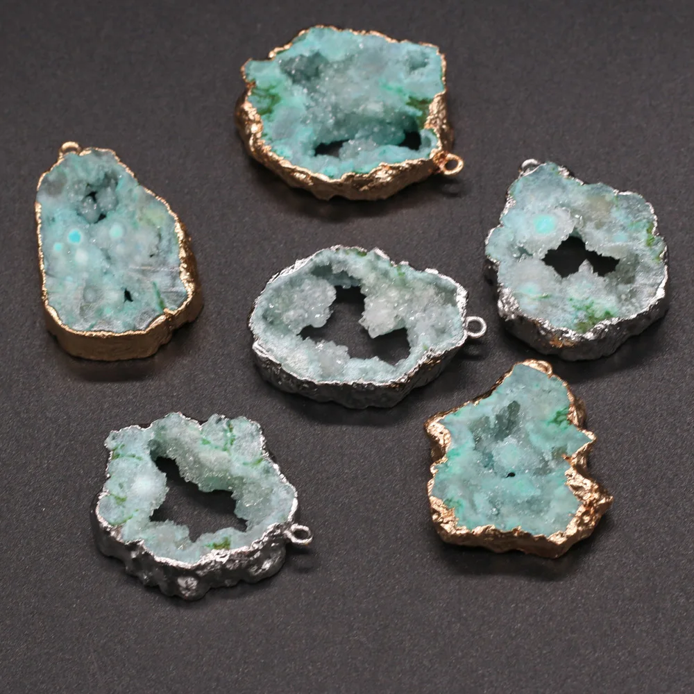 Natural Druzy Agates Pendants Irregular Green Quartz Crystal Pendant Charms for DIY Jewelry Necklace Making 25x35-30x40mm