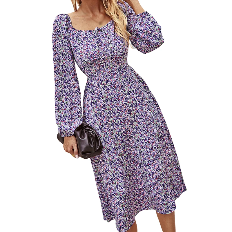 Women\'s Long Sleeve Tie Neck Floral Print Boho Dresses Casual Loose Swing Midi Dress