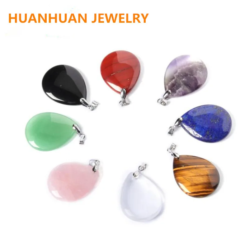 Natural Stone Water Drop Shape Agates Rose Quartzs Yellow Jades Green Aventurine Necklace Pendant Women Jewelry Gift 25x30mm