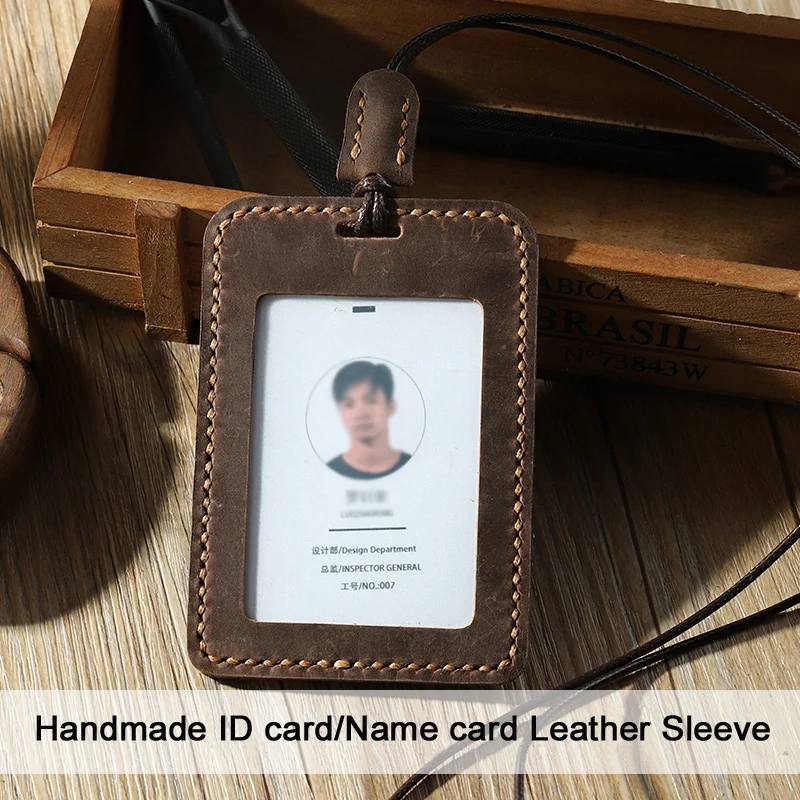 Handmade Vintage Crazy Horse Kulit Asli Pemegang Kartu ID Card Holder Kartu Nama Kulit Lengan Lencana ID Kasus