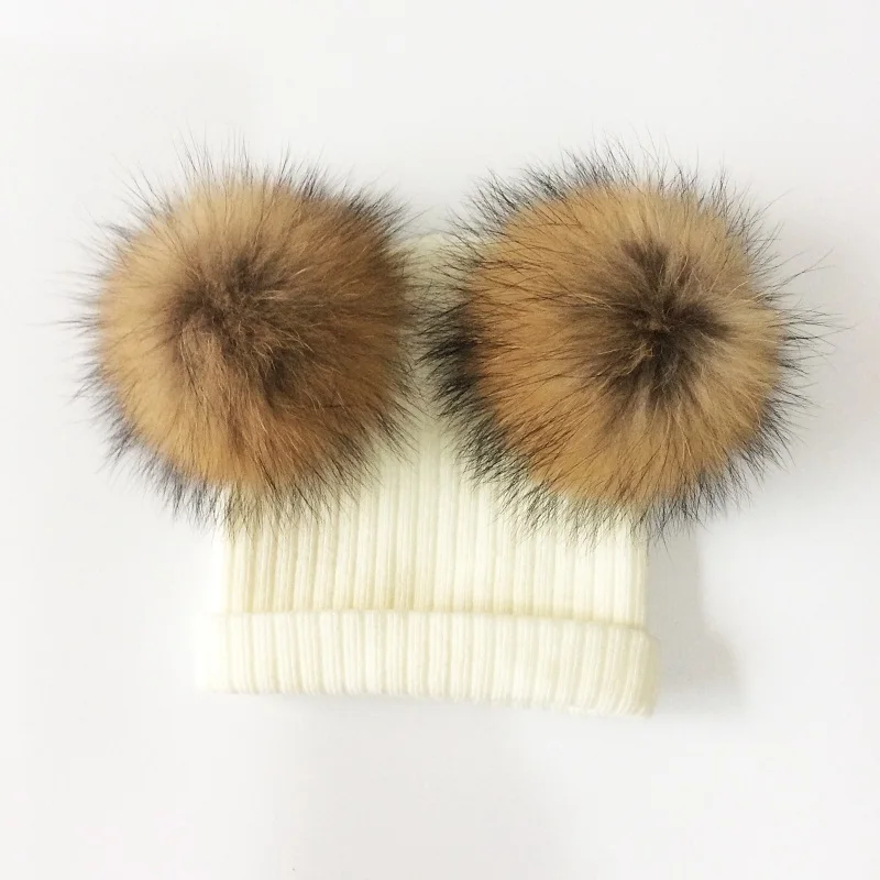 Baby Hat Natural Raccoon Fur Baby Cap Two Pompom Kids Caps Winter Children's Hats With Pompom