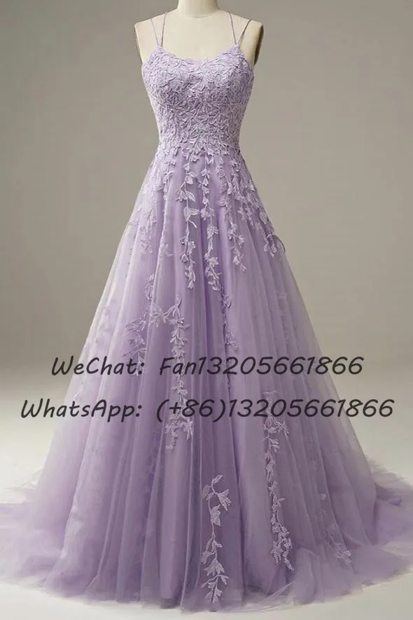 Lavender Tulle Applique Lace Bridesmaid Dresses 2023 Long A-line Criss Cross Backless Wedding Party Dress For Women Prom Gown