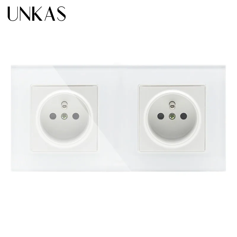 

UNKAS New Arrivals 16A French Standard, 2 Gang Wall Electric / Power Double Socket / Plug, Crystal Glass Panel,GB-C7C2FR-11