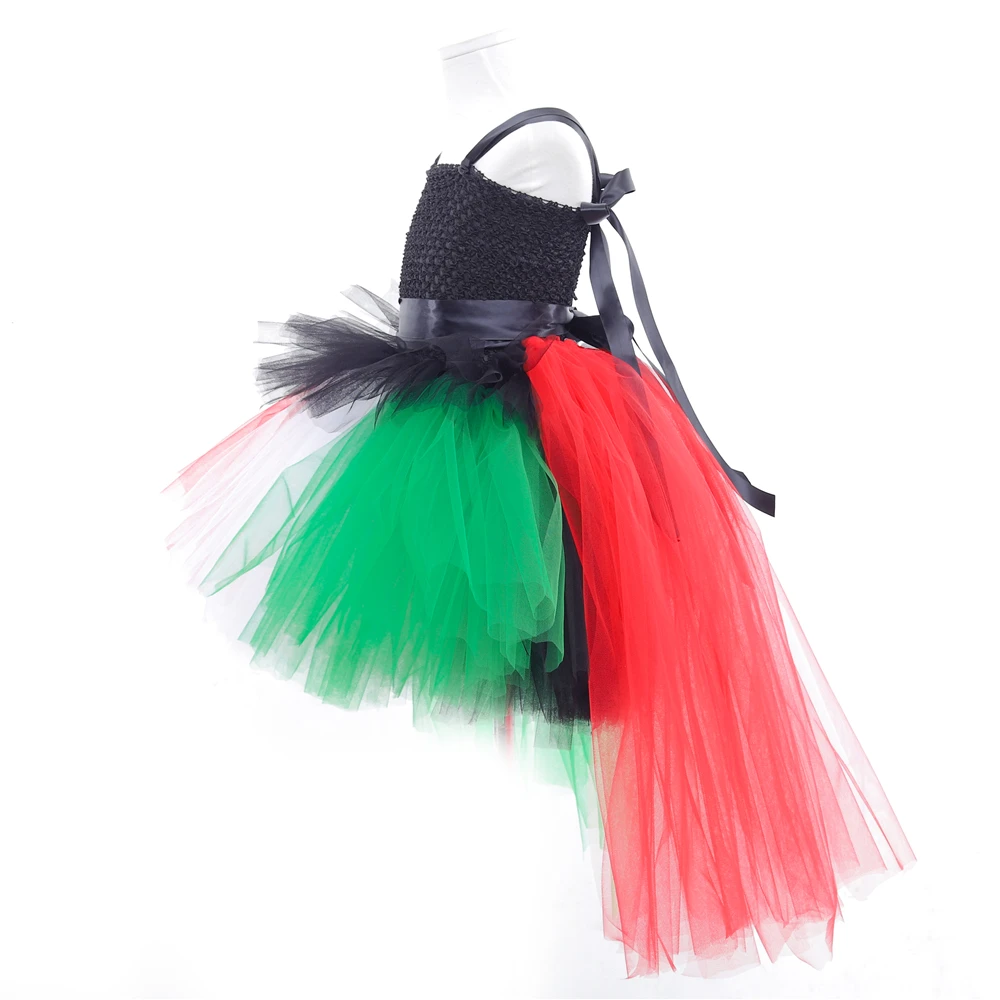 Fashion Red White Green Kids Girls  Tutu Dresses with Tail Tulle Dressed Up Black Toddler Girls Cosplay Clothes 1-14 year