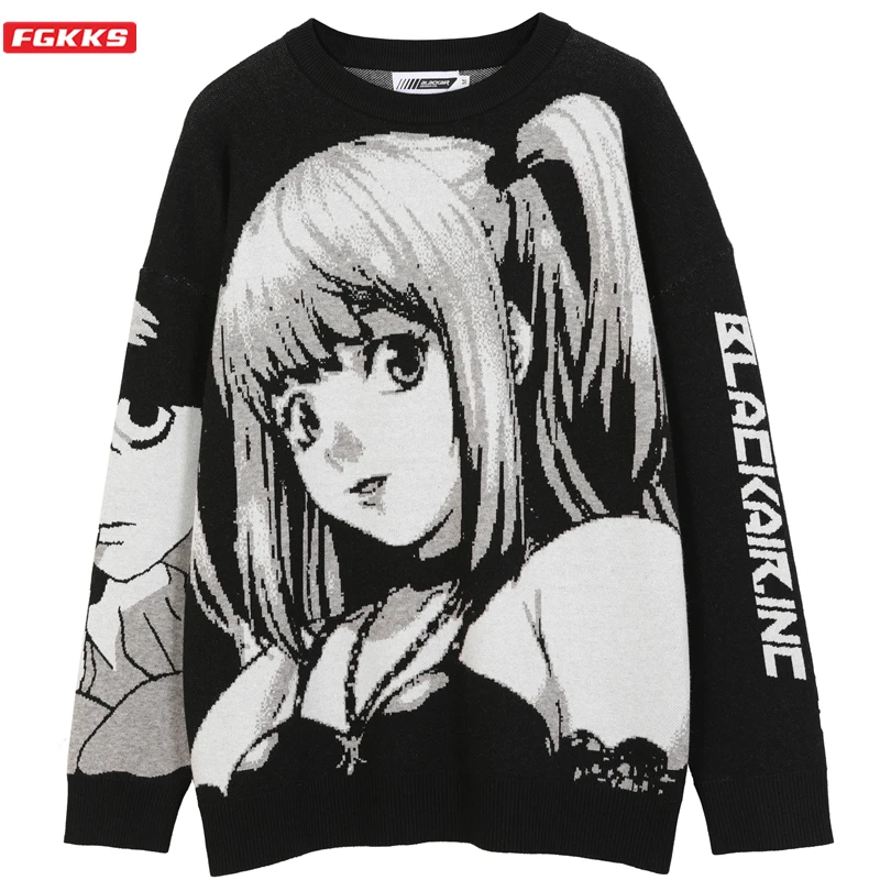 FGKKS Mens Hip Hop Streetwear Harajuku Sweater Vintage Japanese Style Anime Girl Knitted 2022 Cotton Pullover Sweaters Male