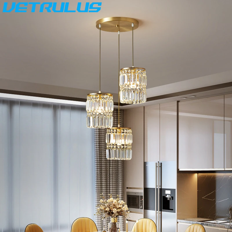 

Nordic Copper LED Pendant Light Luxury Crystal Ceiling Lamps Modern Chandelier Lustre Dining Table Bar Kitchen Island Fixtures